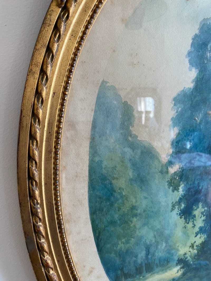 Aquarelle tons bleus dans grand cadre doré style Louis XVI