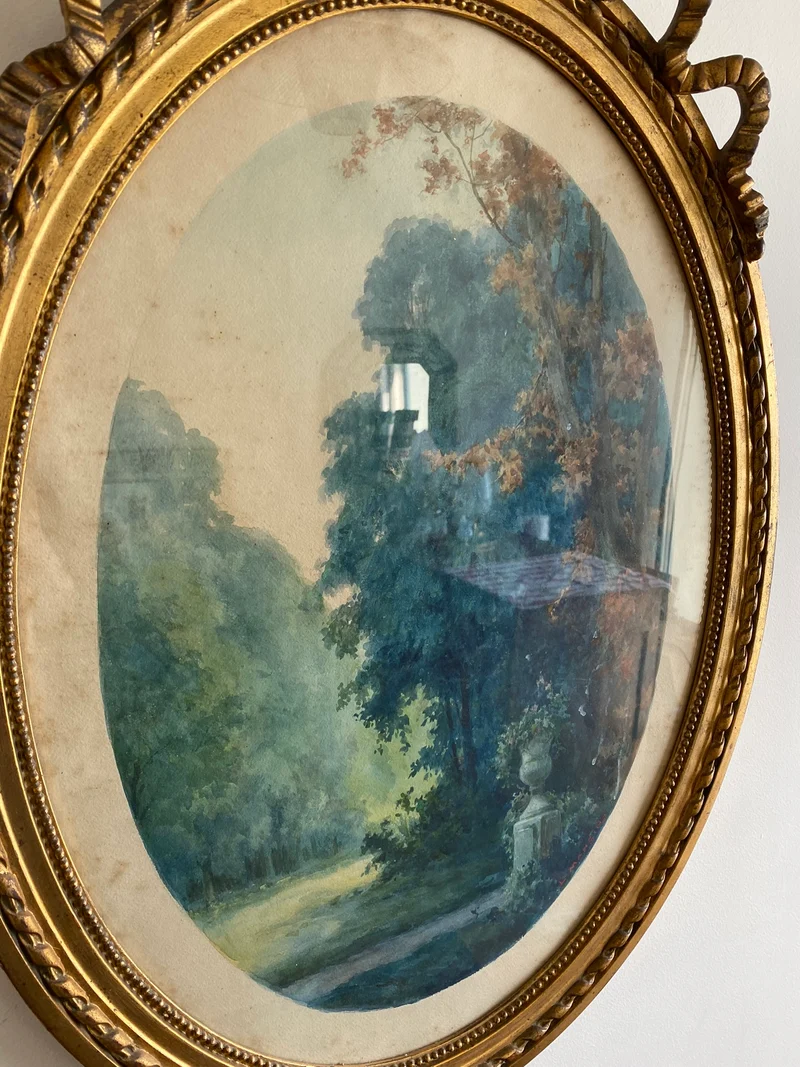Aquarelle tons bleus dans grand cadre doré style Louis XVI