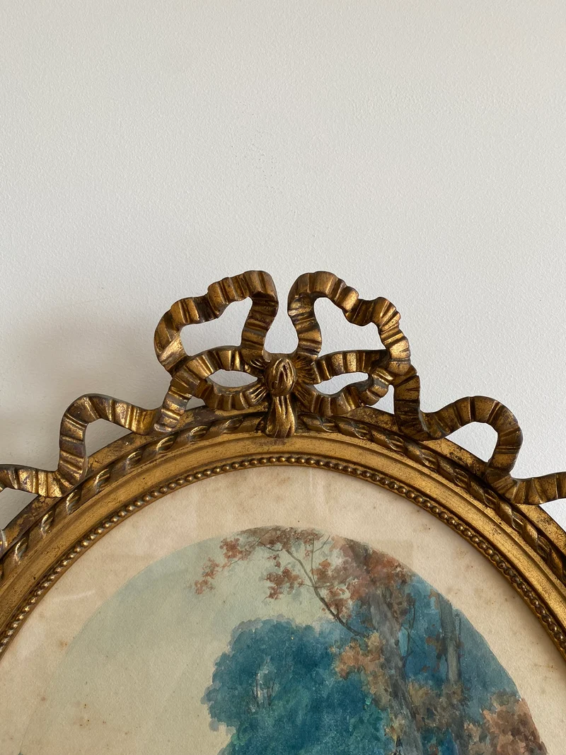 Aquarelle tons bleus dans grand cadre doré style Louis XVI