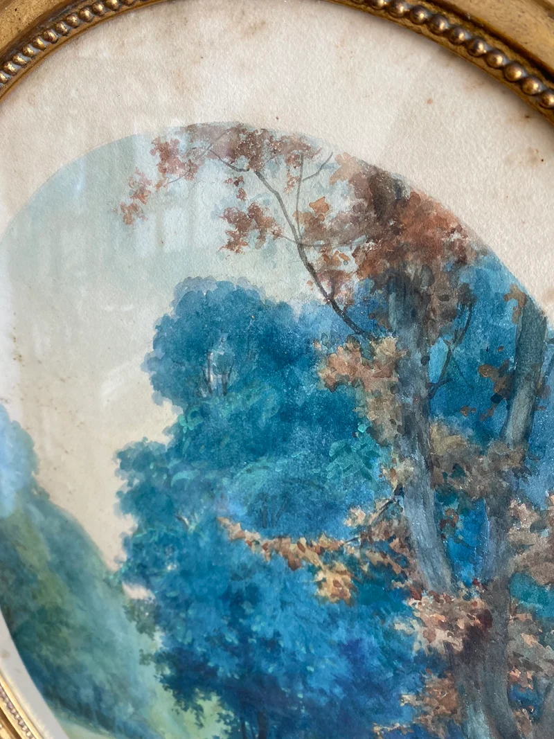 Aquarelle tons bleus dans grand cadre doré style Louis XVI