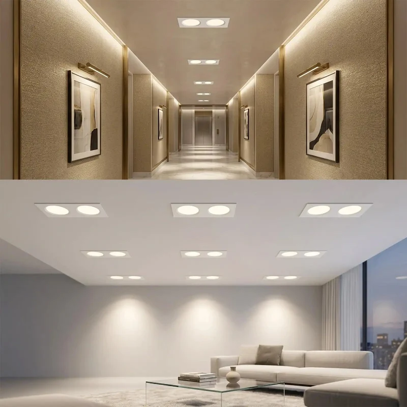 Top Tier Square Dual Head Recessed Led Downlights Featuring Slick Matte White Casing Built Tough With Solid Iron Housing For Living Rooms Delivering Hella Soft Glare Free Glow Long Lasting Performance