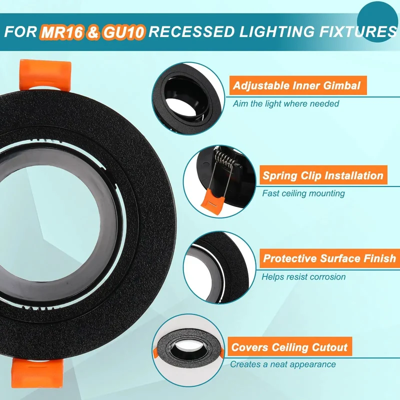 MR16 And GU10 Recessed Light Trim With Zero Hassle Spring Clamps 2.6 Inch Aperture LED Downlight Housing For Indoor Spotlights Clean Black Finish Quick Grip Install Two Pack