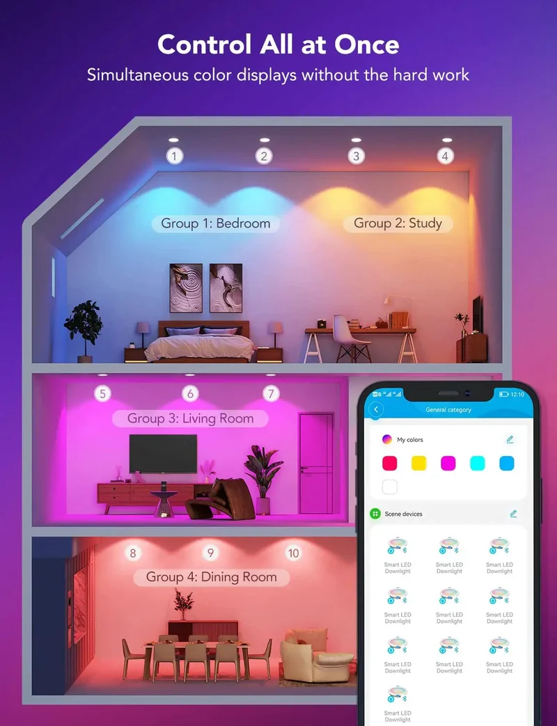 4 Inch Smart Recessed Lighting 800 Lumen LED Downlights 8 Pack With Wireless And Bluetooth Control Straight Up Ceiling Glow Smooth App Integration For Modern Home Vibes