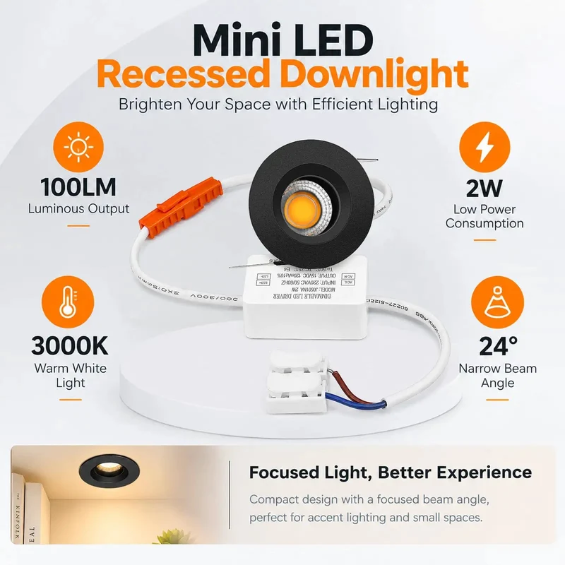 Top Tier 4 Pack Mini Recessed LED Cans 2W Downlights Delivers Sweet 3000K Warm White Narrow Beam With Hella Sharp 90 Plus CRI For Sleek Cabinet Setup Super Slim Black Finish Featuring Integrated Driver For Quick And Easy Hookup