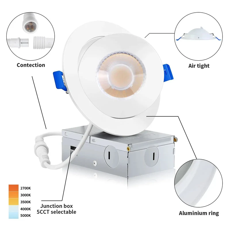 4 Inch Adjustable Gimbal Eyeball Recessed Light With Junction Box Offering Hella Bright Narrow Beam Accent Lighting Rotates A Full 350 Degrees And Tilts 45 For Dead Straight Cabinet Illumination