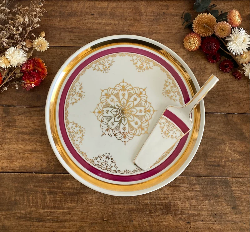 Plat et Pelle à tarte porcelaine bordure fuschia
