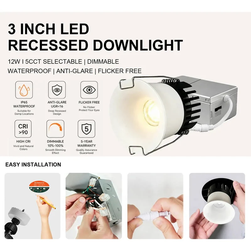 3 Inch Led Recessed Ceiling Lights With Junction Box Waterproof Shower Fixture 5Cct Tunable Warm To Daylight Dimmable Cri90 Plus Anti Glare Retrofit Drop In Install No Fuss Setup Heavy Duty Build
