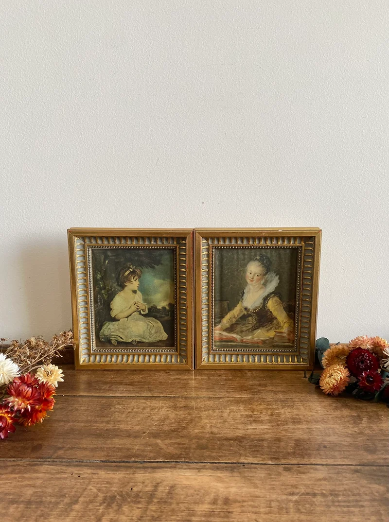 Représentation Fragonard et Reynolds sur tissu cadre doré rectangulaire