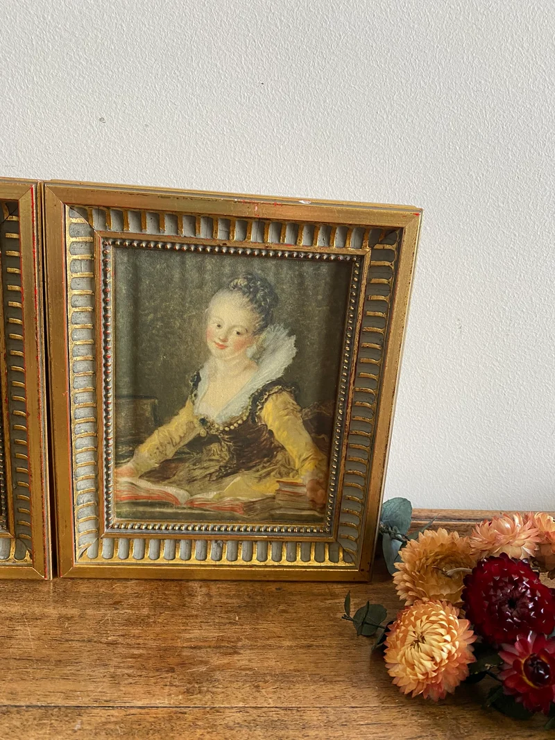Représentation Fragonard et Reynolds sur tissu cadre doré rectangulaire