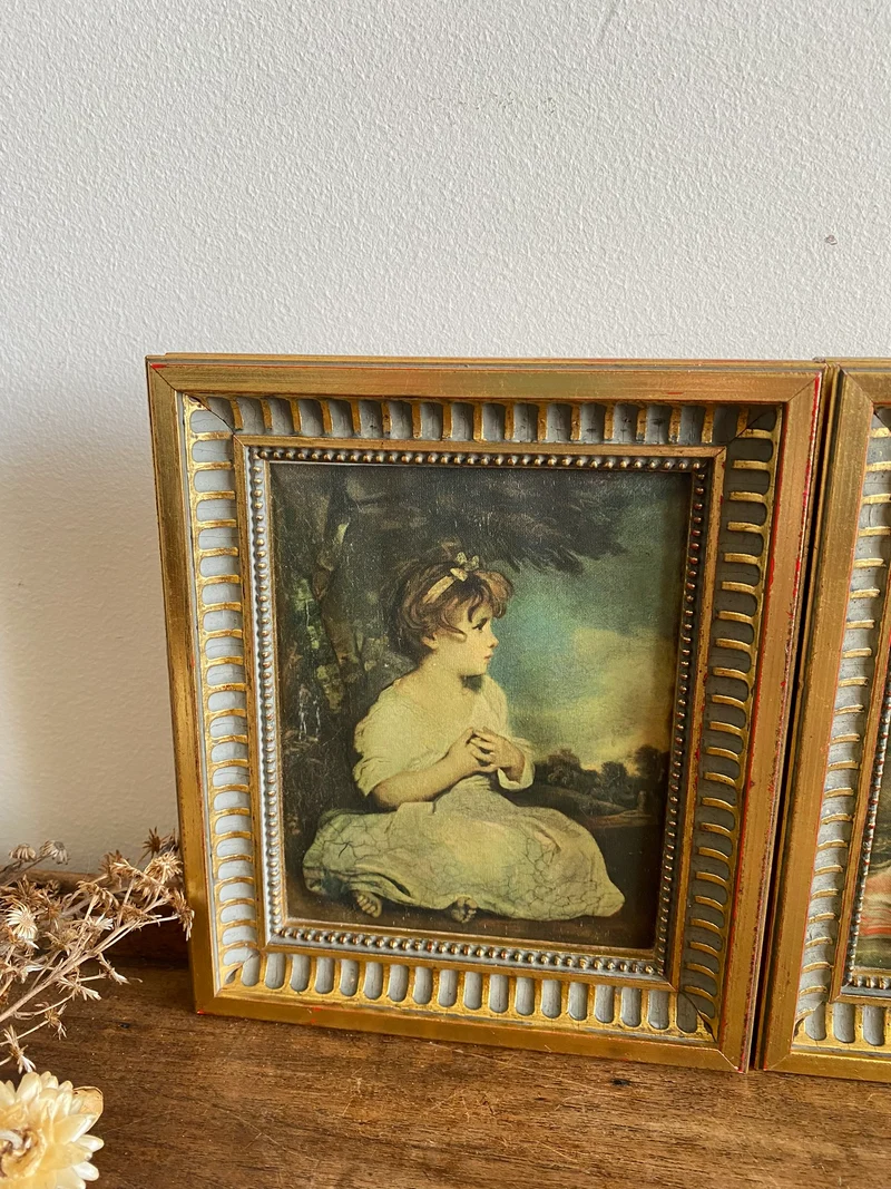 Représentation Fragonard et Reynolds sur tissu cadre doré rectangulaire