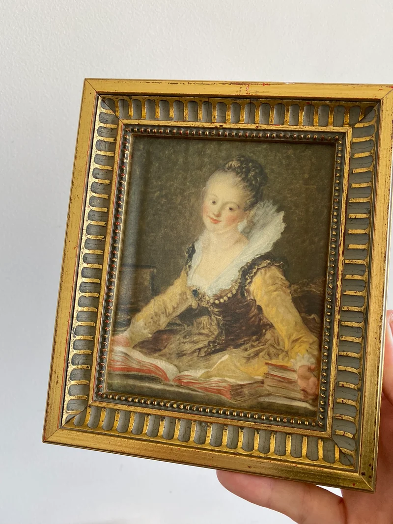 Représentation Fragonard et Reynolds sur tissu cadre doré rectangulaire