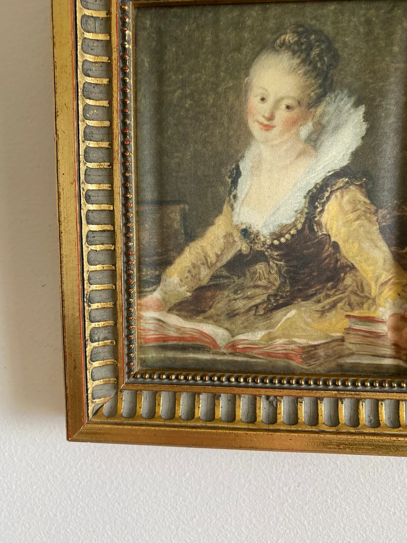 Représentation Fragonard et Reynolds sur tissu cadre doré rectangulaire
