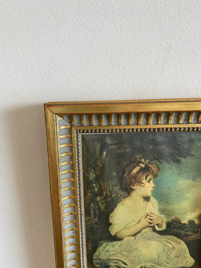 Représentation Fragonard et Reynolds sur tissu cadre doré rectangulaire
