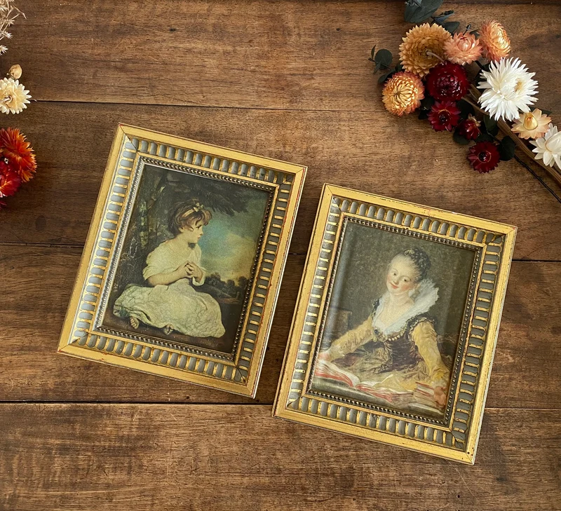 Représentation Fragonard et Reynolds sur tissu cadre doré rectangulaire