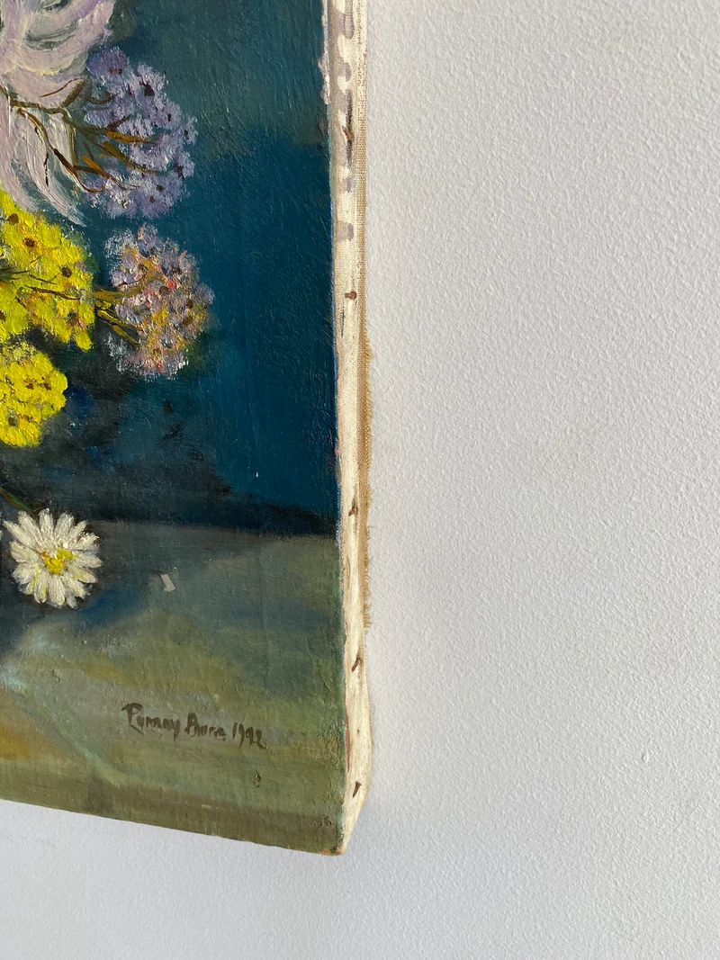 Peinture sur toile signée bouquet de fleurs tons bleus