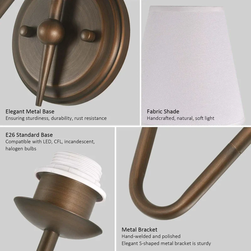 Totally Sleek Vintage Wall Sconces With Handmade Linen Fabric Shades Featuring Rock Solid Bronze Rust Resistant Arms And Easy E26 Bulb Swap For Bathroom Or Kitchen Makeovers