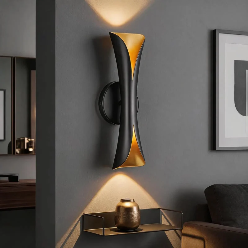 Head Turning Dimmable Led Indoor Wall Sconce Featuring Five Tunable Color Temperatures And Simple Hardwired Hookup Showcasing A Sleek Arc Shape With Matte Black And Gold Trim For Major Home Glow Up
