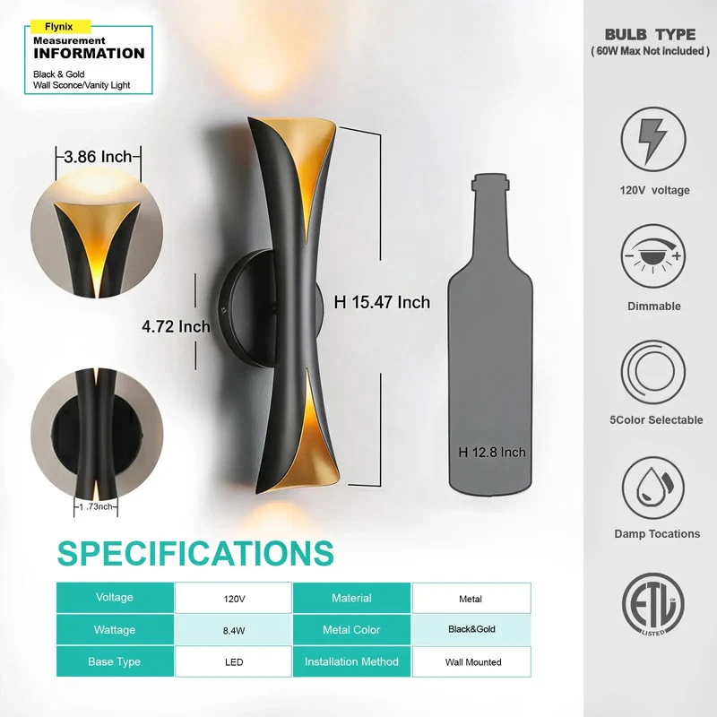 Head Turning Dimmable Led Indoor Wall Sconce Featuring Five Tunable Color Temperatures And Simple Hardwired Hookup Showcasing A Sleek Arc Shape With Matte Black And Gold Trim For Major Home Glow Up