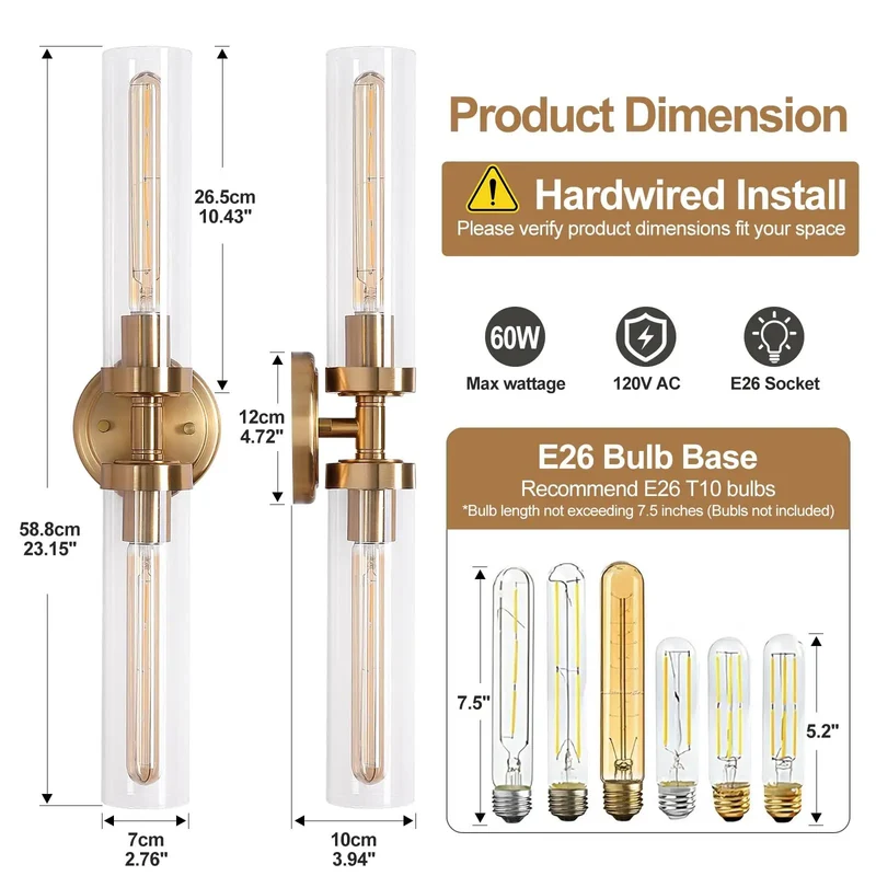 Top Shelf Dual Gold Wall Sconces For Bathroom Vanity With Clear Glass Cylinder Shades And Effortless Vertical Or Horizontal Mounting Sleek Modern Indoor Lighting