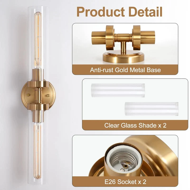 Top Shelf Dual Gold Wall Sconces For Bathroom Vanity With Clear Glass Cylinder Shades And Effortless Vertical Or Horizontal Mounting Sleek Modern Indoor Lighting