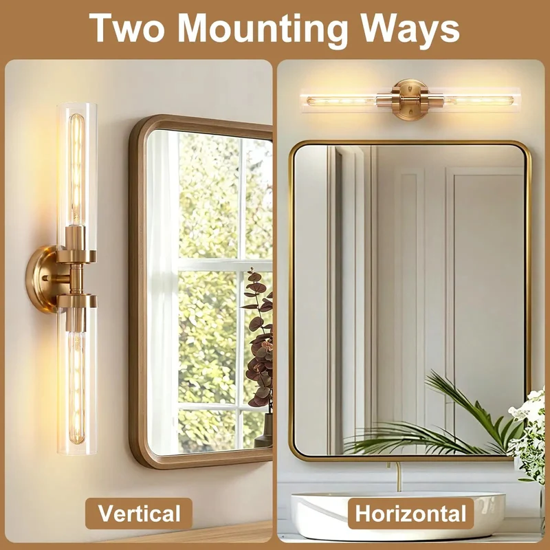 Top Shelf Dual Gold Wall Sconces For Bathroom Vanity With Clear Glass Cylinder Shades And Effortless Vertical Or Horizontal Mounting Sleek Modern Indoor Lighting