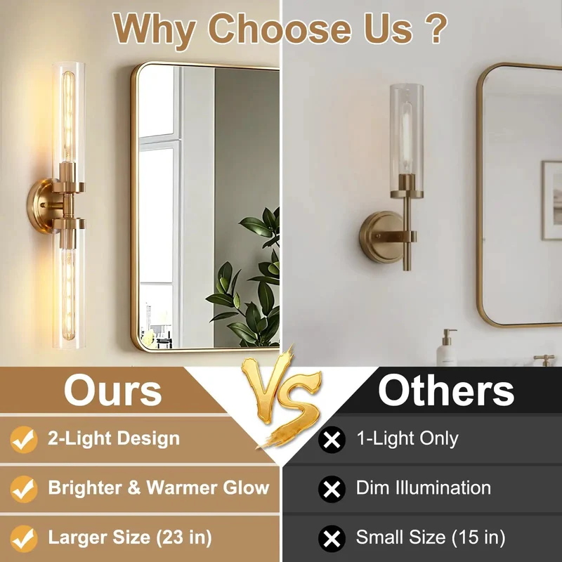 Top Shelf Dual Gold Wall Sconces For Bathroom Vanity With Clear Glass Cylinder Shades And Effortless Vertical Or Horizontal Mounting Sleek Modern Indoor Lighting
