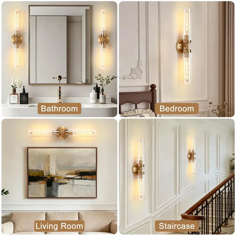 Top Shelf Dual Gold Wall Sconces For Bathroom Vanity With Clear Glass Cylinder Shades And Effortless Vertical Or Horizontal Mounting Sleek Modern Indoor Lighting