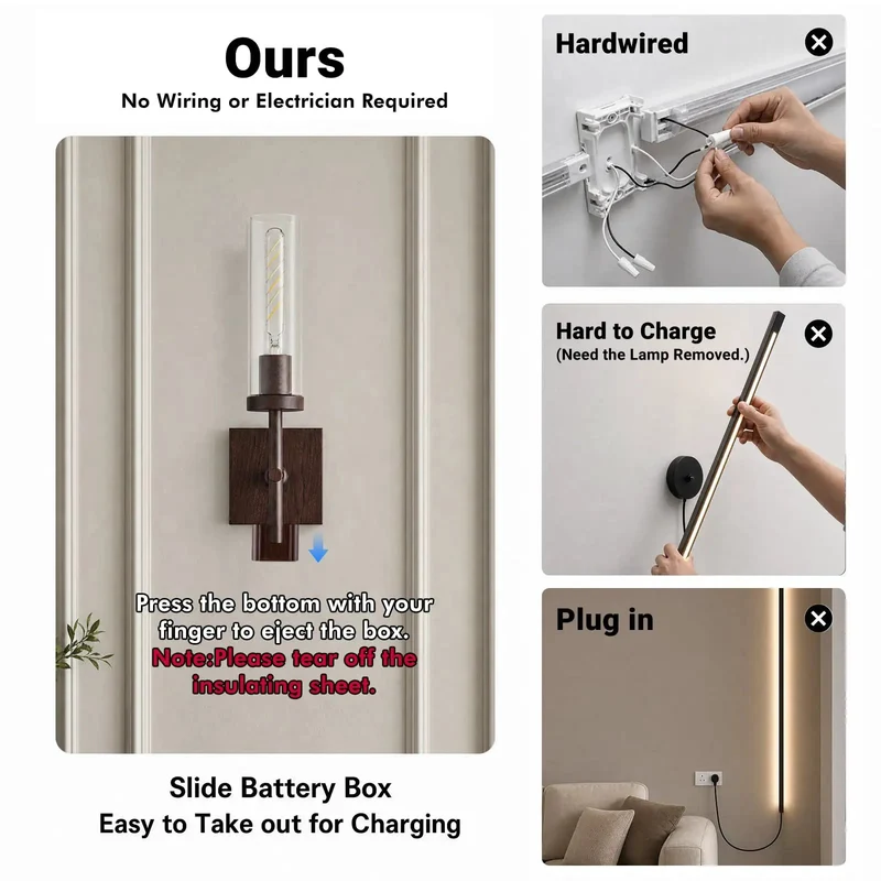 No Wire Drama Wireless Battery Operated Wall Sconce Featuring Dimmable 3CCT LED Lights Quick Install Easy Rechargeable Slick Setup For Bathroom Bedroom Hallway Or Stairway Smooth Indoor Glow