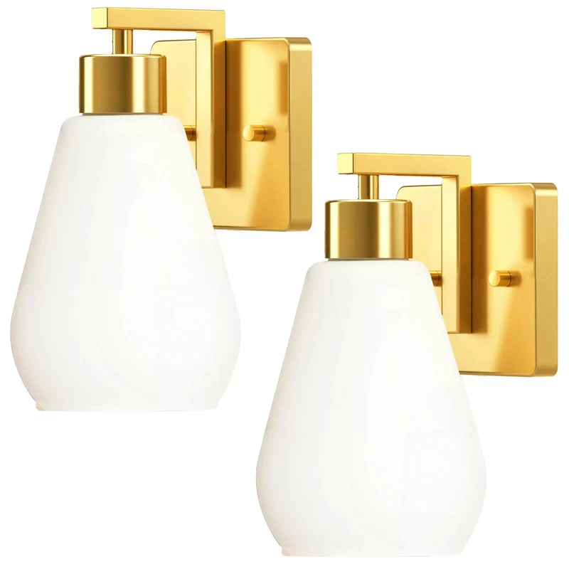 Set Of Two Modern Wall Sconces With Polished Gold Finish And Frosted White Glass Shades Hardwired E26 Socket For Bathrooms Bedrooms And Hallways Bulbs Not Included Creates A Slick Upgrade That Totally Slaps On Any Chic Home Setup