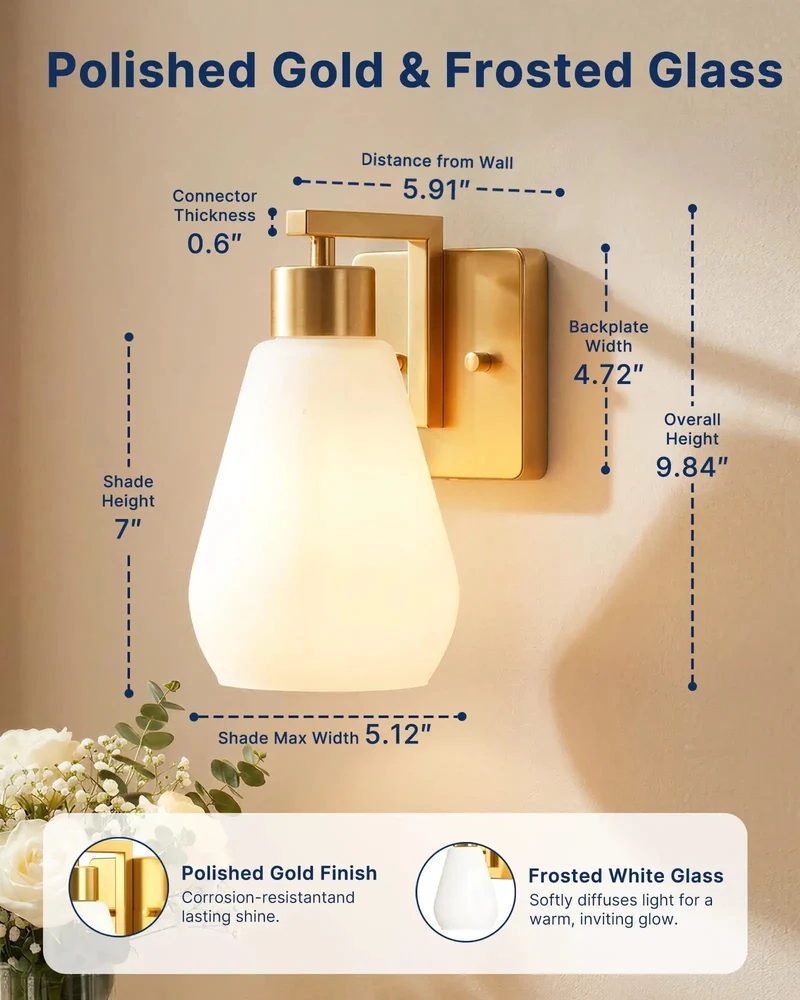 Set Of Two Modern Wall Sconces With Polished Gold Finish And Frosted White Glass Shades Hardwired E26 Socket For Bathrooms Bedrooms And Hallways Bulbs Not Included Creates A Slick Upgrade That Totally Slaps On Any Chic Home Setup
