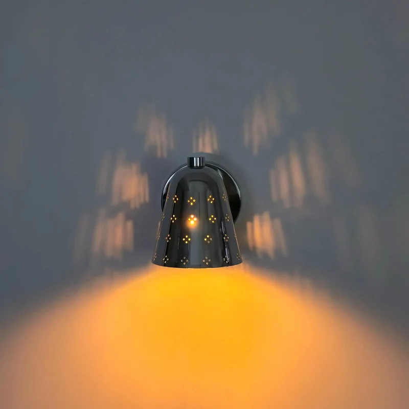 Handcrafted Solid Brass Wall Sconce Sporting A Slick Mid Century Cone Shape With Perforated Metal Accents Casting Killer Shadow Effects For Top Tier Ambient Lighting Vibes