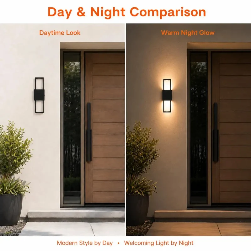 Modern Outdoor Wall Sconces 2 Pack Up And Down LED Light Fixtures 3000K Warm White Hardwired For Porch Patio Garage Door With Sleek Aluminum Frame To Amp Up Your Home Curb Appeal And Create A Total Badass Glow Vibes Anytime Day Or Night