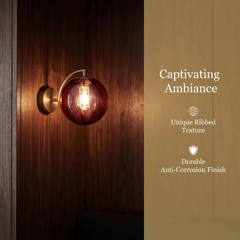 Mid Century Modern Wall Sconce With Wine Red Hand Blown Ribbed Glass Globe Featuring Three Way Color Toggle For Smooth Ambient Lighting That Straight Up Elevates Your Interior Design Level Every Single Day
