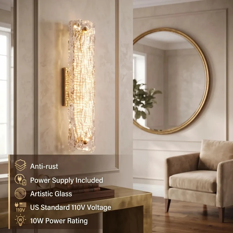 Super Sleek Gold Led Wall Sconces Set Of Two With Textured Ripple Glass Strip Modern Ambient Lighting For Bedroom Bathroom Sink And Hallway Total Game Changer Lighting