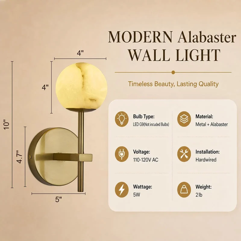 Set Of Two Straight Up Premium Alabaster Wall Sconces With 10 Inch Natural Marble Globe Light For Bathroom Vanity And Bedroom Featuring Hardwired Ball Lamps Dropping Major Style And A Legit Warm Vibe For Stairs And Hallways