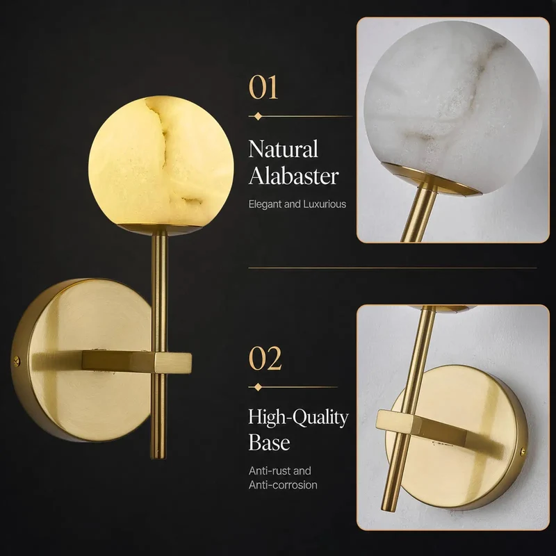 Set Of Two Straight Up Premium Alabaster Wall Sconces With 10 Inch Natural Marble Globe Light For Bathroom Vanity And Bedroom Featuring Hardwired Ball Lamps Dropping Major Style And A Legit Warm Vibe For Stairs And Hallways