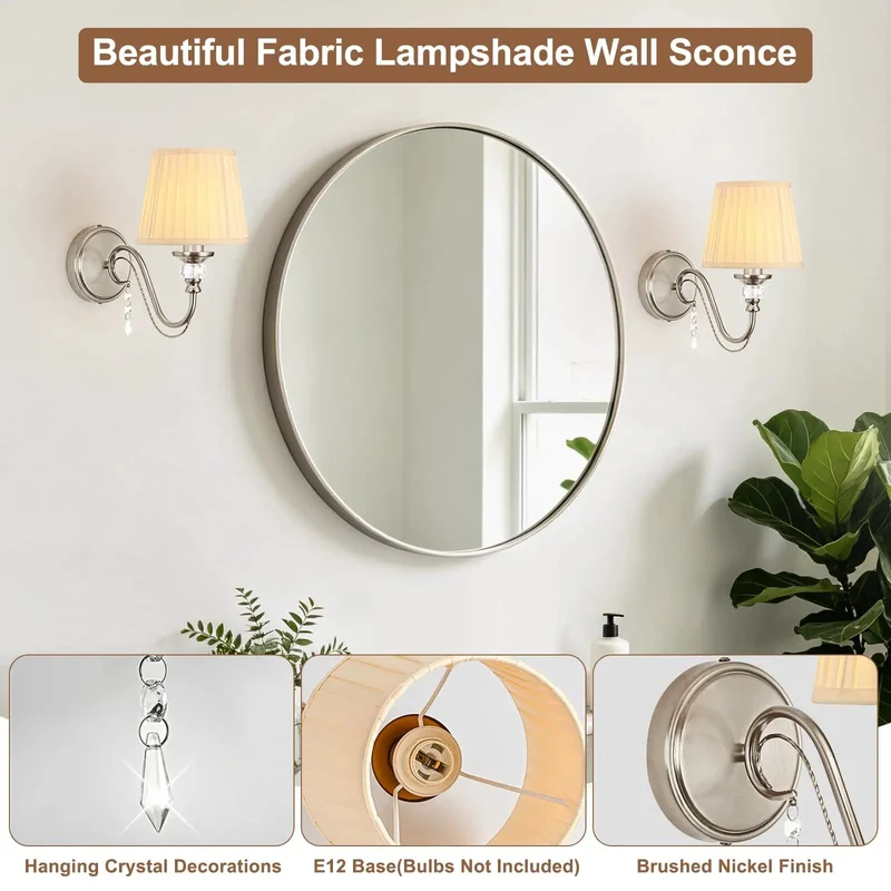Top Shelf One Light Brushed Nickel Vanity Light with Beige Fabric Shade and Modern Wall Sconce Bringing Hella Smooth Glare Free Illumination to Your Ultimate Bathroom Refresh
