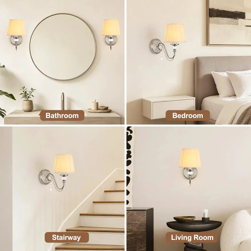 Top Shelf One Light Brushed Nickel Vanity Light with Beige Fabric Shade and Modern Wall Sconce Bringing Hella Smooth Glare Free Illumination to Your Ultimate Bathroom Refresh