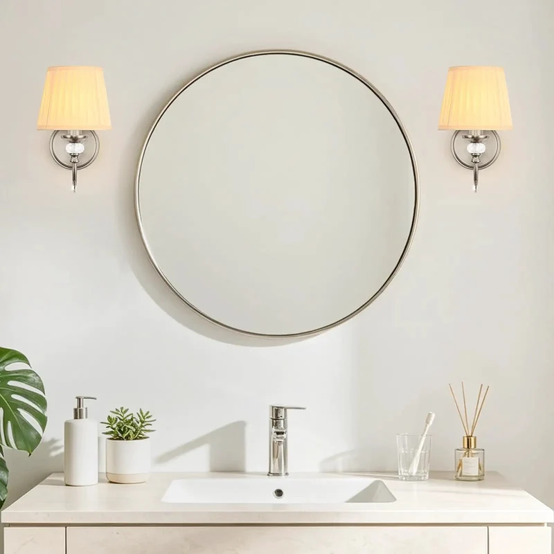 Top Shelf One Light Brushed Nickel Vanity Light with Beige Fabric Shade and Modern Wall Sconce Bringing Hella Smooth Glare Free Illumination to Your Ultimate Bathroom Refresh