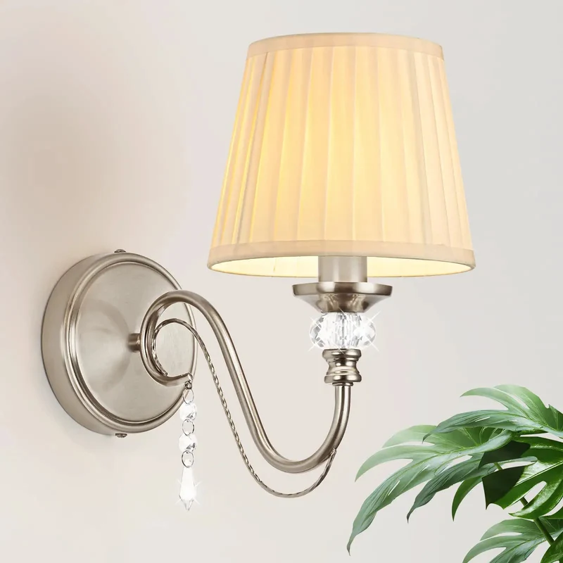 Top Shelf One Light Brushed Nickel Vanity Light with Beige Fabric Shade and Modern Wall Sconce Bringing Hella Smooth Glare Free Illumination to Your Ultimate Bathroom Refresh