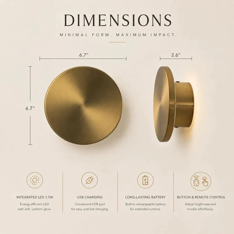 Swanky 6.7 Inch Rechargeable Led Wall Sconce Featuring A Snazzy Brushed Brass Finish Wireless Battery Operated Compact Accent Light For Modern Homes With Top Shelf Durability And Energy Saving Performance