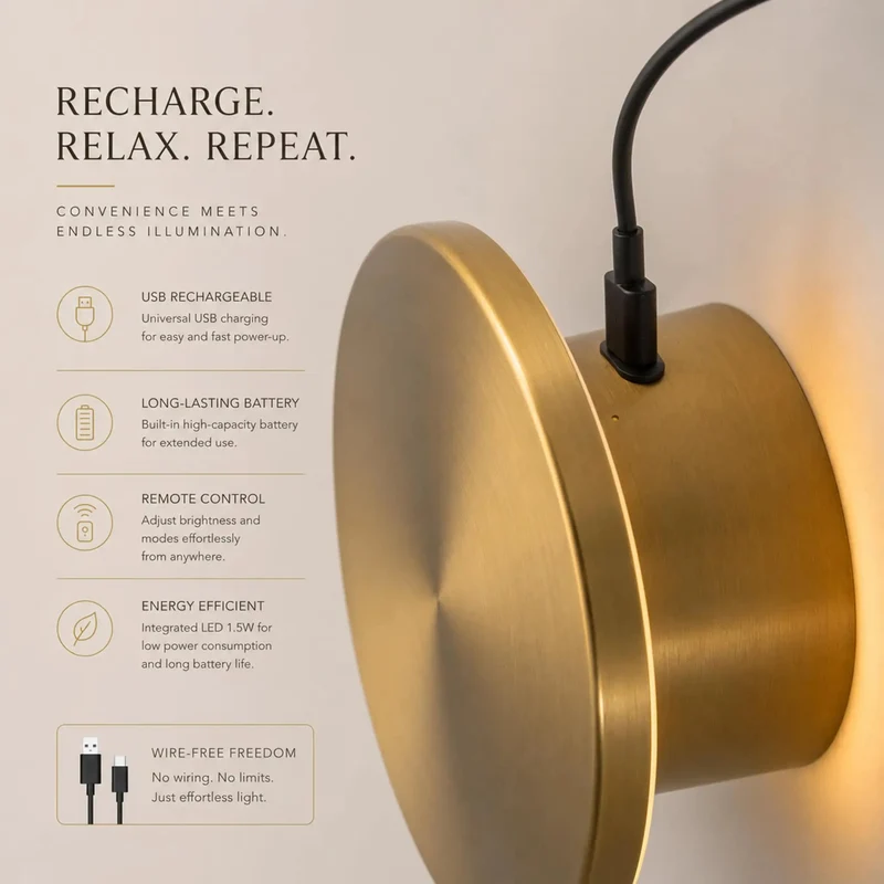 Swanky 6.7 Inch Rechargeable Led Wall Sconce Featuring A Snazzy Brushed Brass Finish Wireless Battery Operated Compact Accent Light For Modern Homes With Top Shelf Durability And Energy Saving Performance
