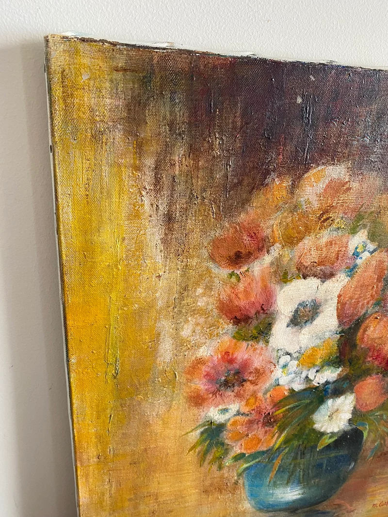 Tableau bouquet de fleurs fond orangé signé M.Caillet