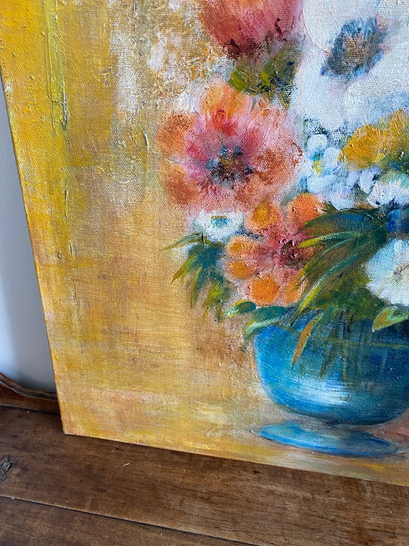 Tableau bouquet de fleurs fond orangé signé M.Caillet