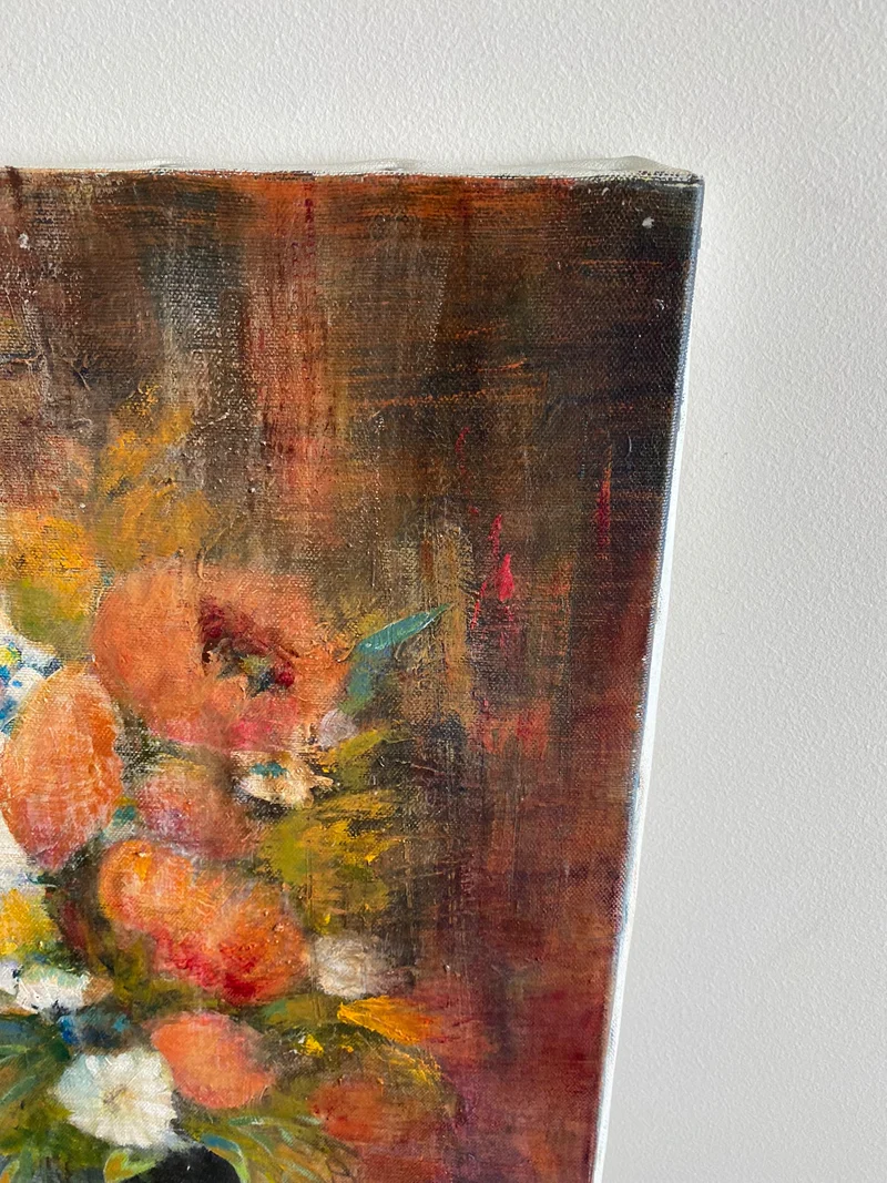 Tableau bouquet de fleurs fond orangé signé M.Caillet