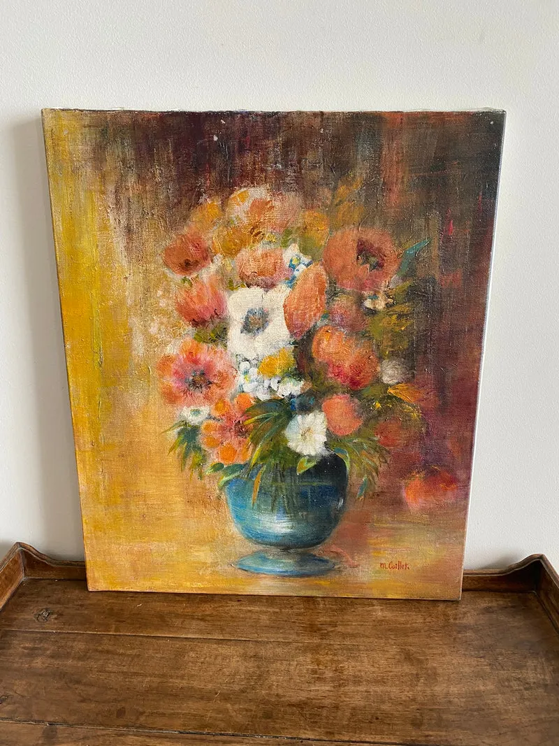 Tableau bouquet de fleurs fond orangé signé M.Caillet