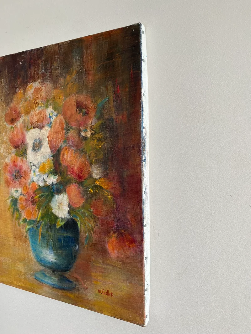 Tableau bouquet de fleurs fond orangé signé M.Caillet