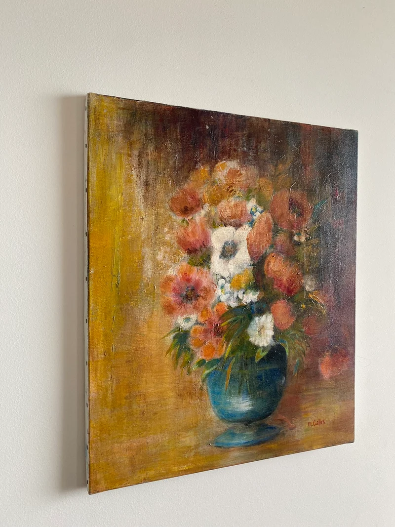 Tableau bouquet de fleurs fond orangé signé M.Caillet