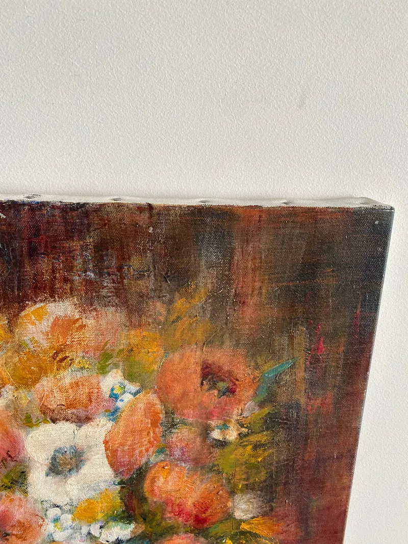 Tableau bouquet de fleurs fond orangé signé M.Caillet