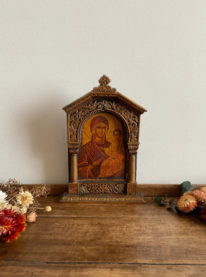 Représentation religieuse orthodoxe cadre sculpté piliers torsadés